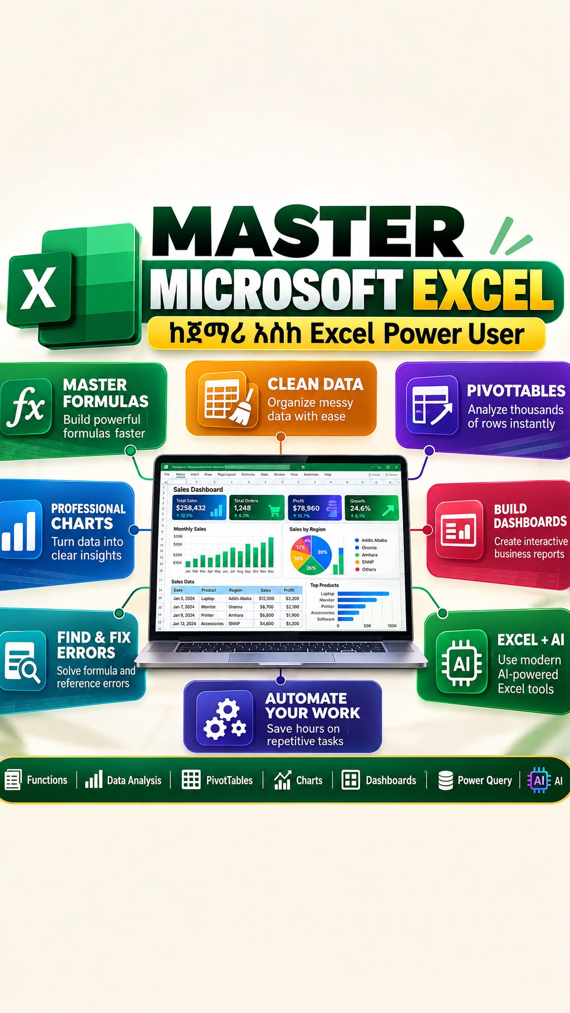 Bright Ideas Facebook ad: Excel ን ከመሠረቱ እስከ Advanced Level ይማሩ!