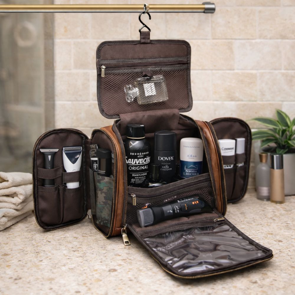 DreamLits Facebook ad: Premium Leather Toiletry Bag for Men