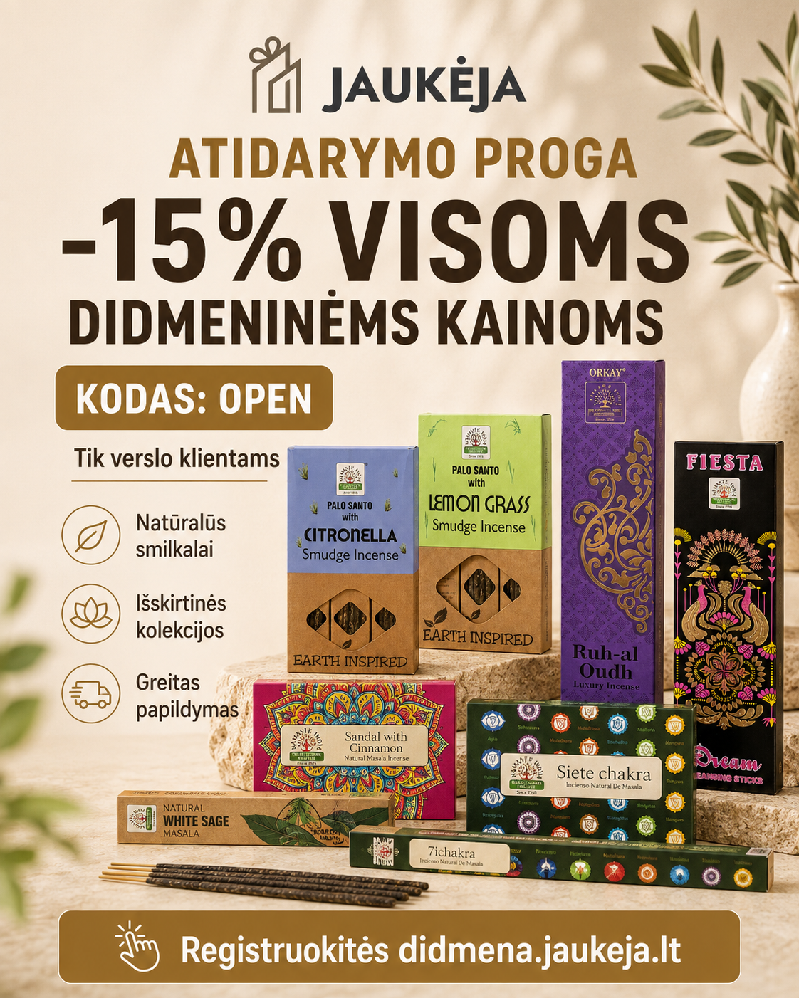 Jaukeja.lt Facebook ad: Atidarymo proga: -15% visoms didmeninėms kainoms