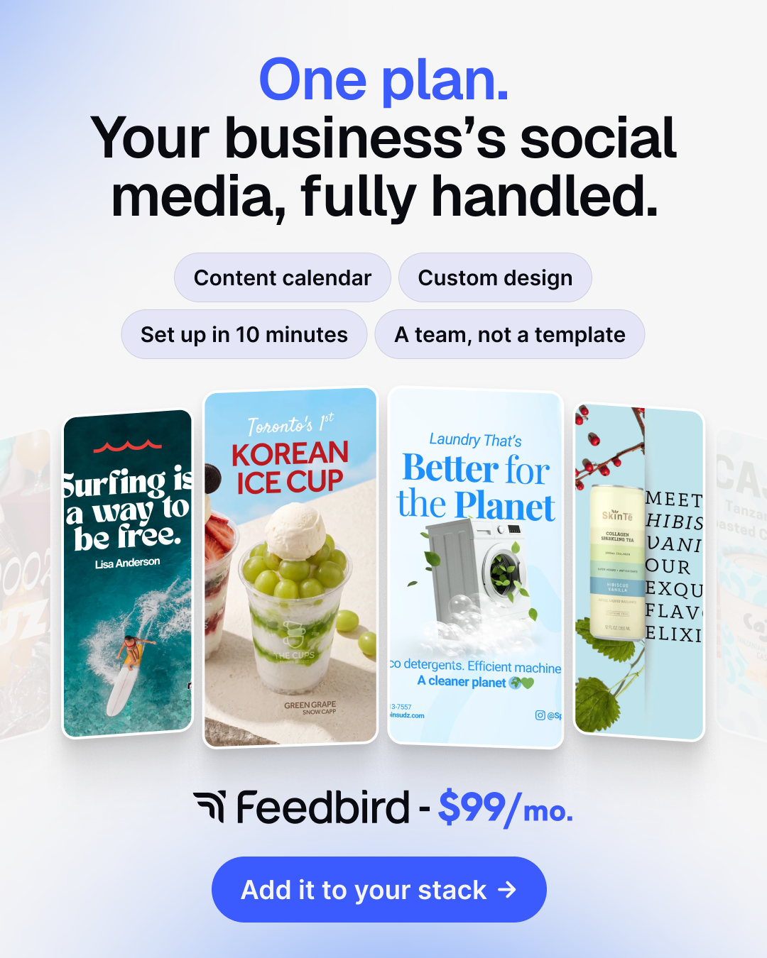 Feedbird Facebook ad: Social media, handled - $99/mo