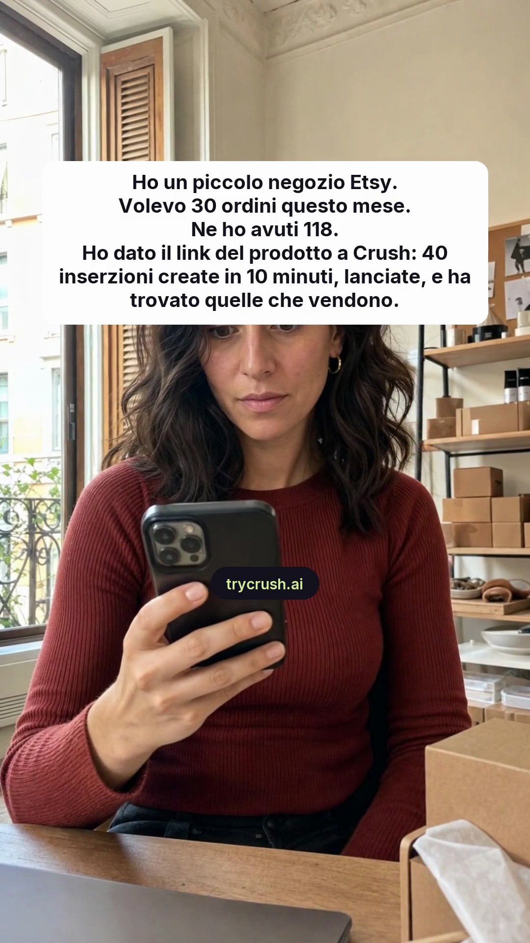 trycrush.ai Facebook ad: Volevo 30 ordini. Ne ho avuti 118.