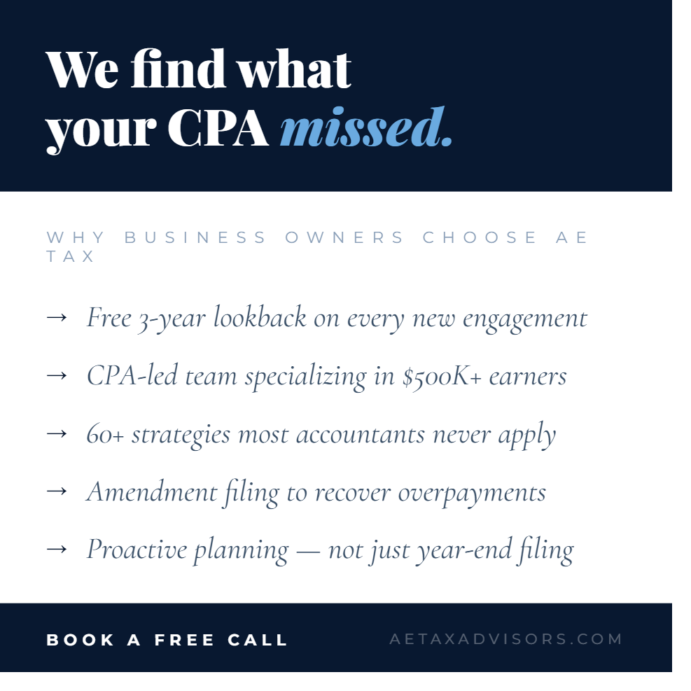 AE Tax Advisors Facebook ad: For Business Owners Making Over $500k Per Year