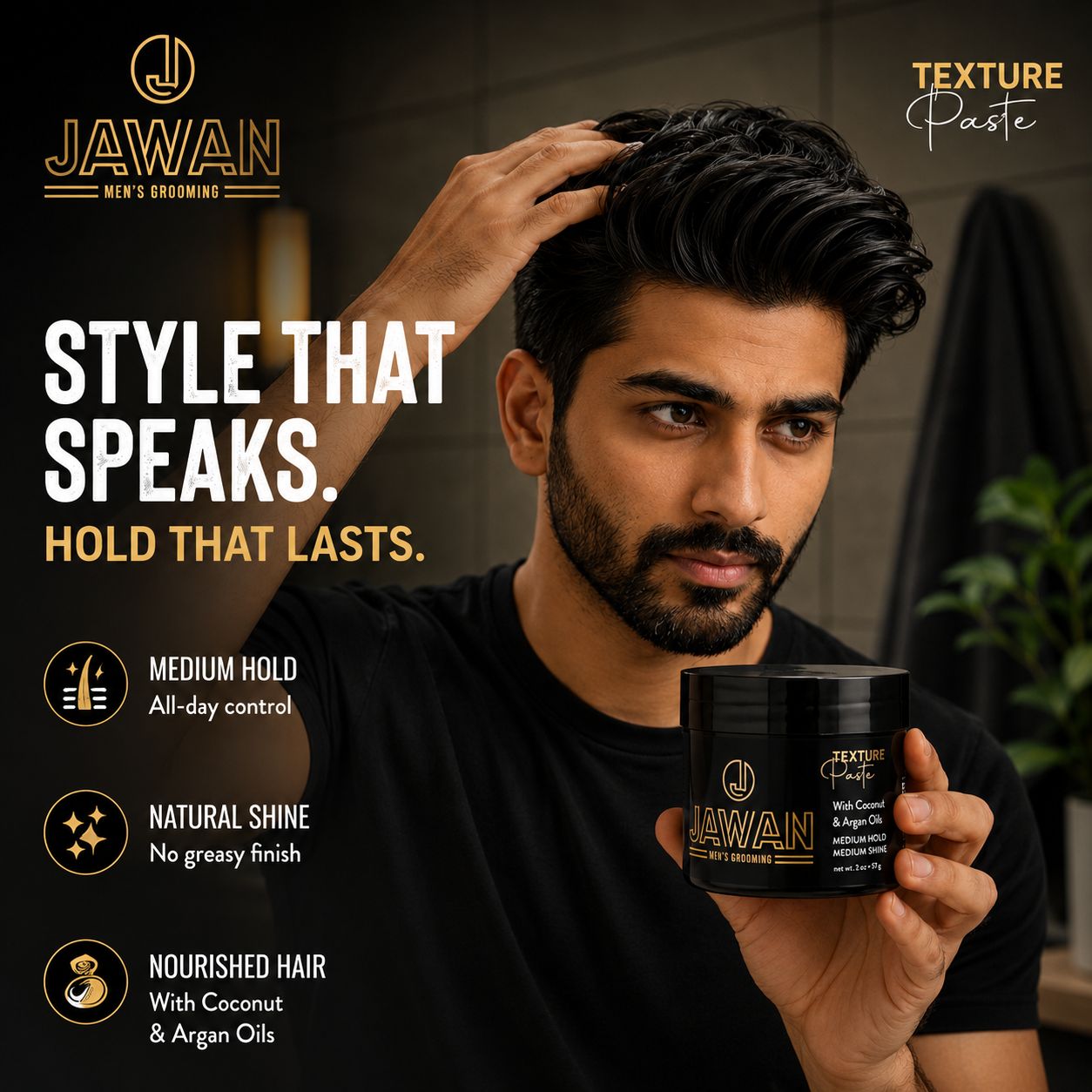 Jawan Men's Grooming Facebook ad: JAWAN Matte Paste Cream, Medium Hold & Shine, Hair Styling…