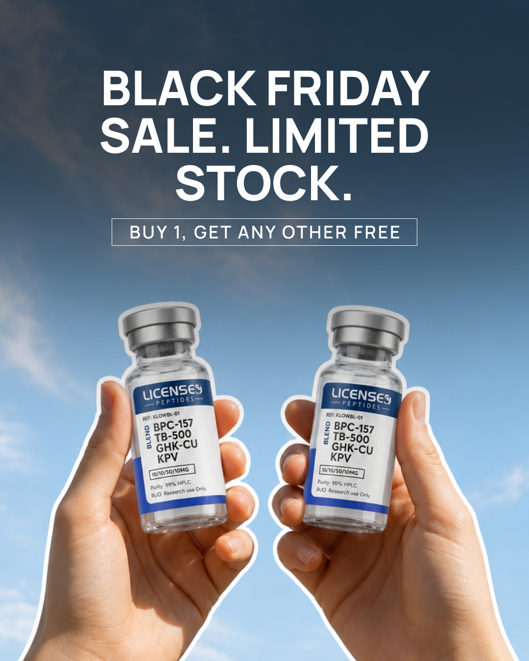 Licensed Peptides Facebook ad: 2 FOR 1, PICK ANY VIAL FREE