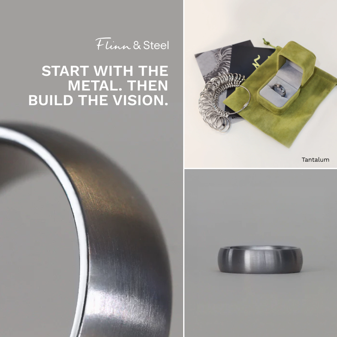Flinn And Steel Facebook ad: Tantalum Wedding Rings Dark. Solid. Different.
