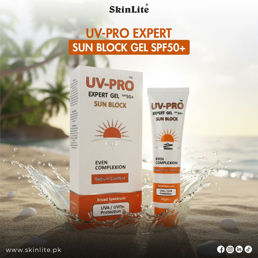 SkinLite Facebook ad: UV-PRO EXPERT SUN BLOCK GEL SPF50+, SkinLite