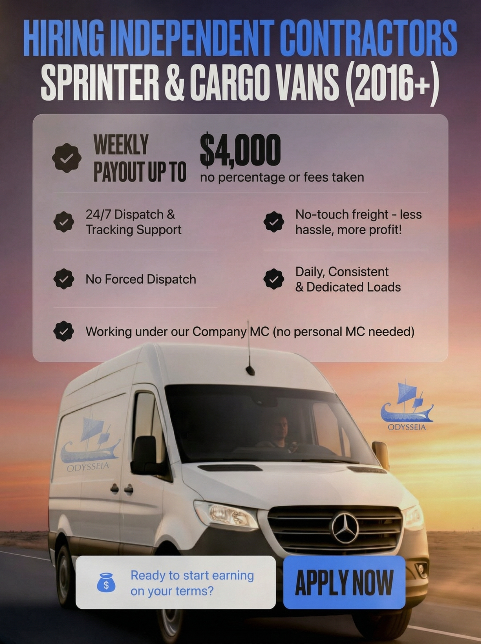 Odysseia Facebook ad: Hiring Independent Contractors - Sprinter & Cargo Vans…