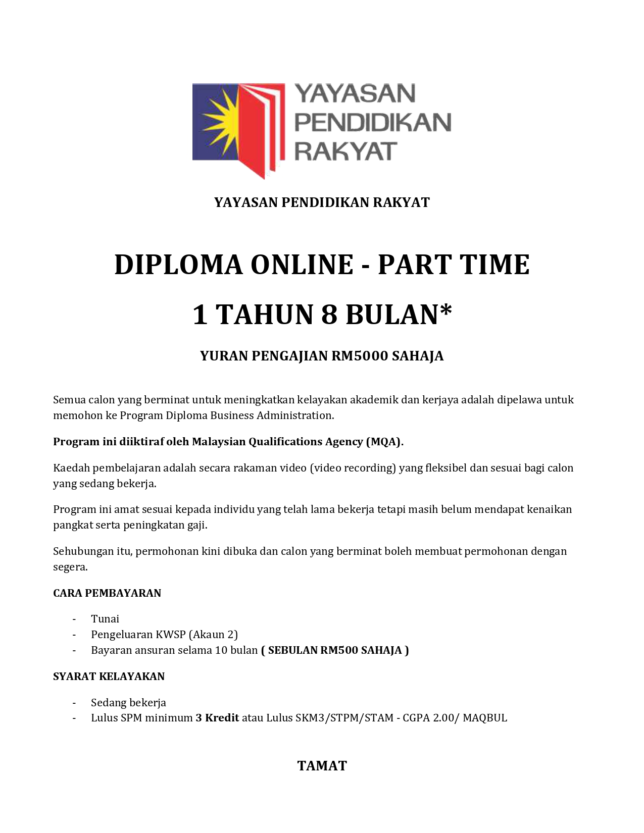 Yayasan Pendidikan Rakyat Facebook ad: Tajaan Diploma ODL - Yayasan Pendidikan Rakyat