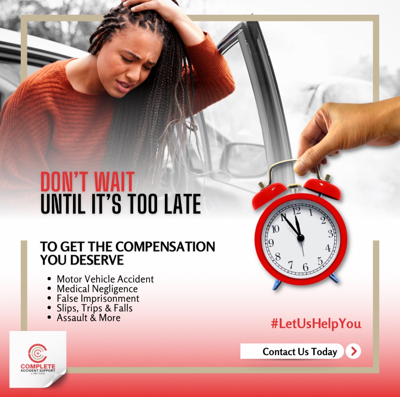 Complete Accident Support Limited Facebook ad: INJURED? You may be entitled to MONEY compensation.