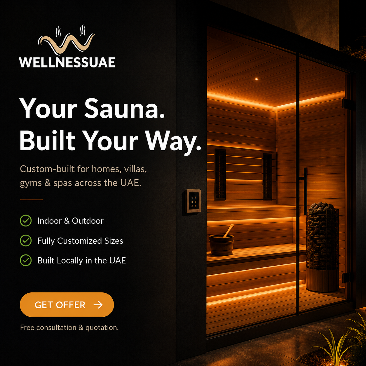 Wellnessuae Facebook ad: Custom Saunas, Built Your Way