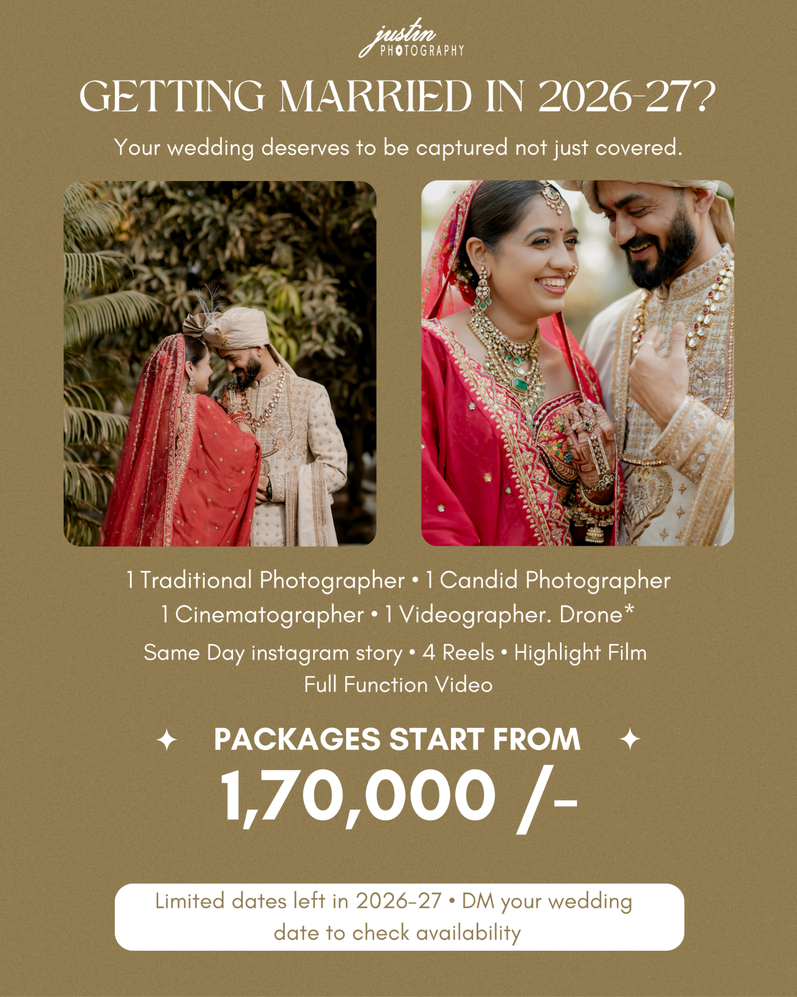 Justin Photography Facebook ad: Premium Wedding Photography & Films
