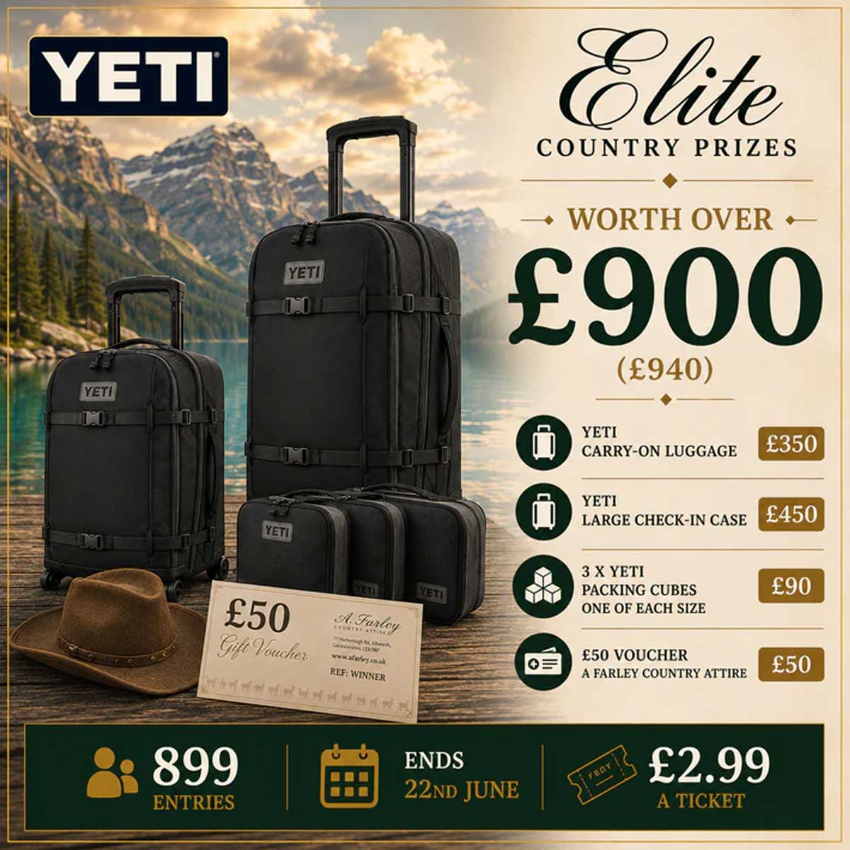 A Farley Country Attire Facebook ad: Win YETI Travel Bundle Worth Over £900