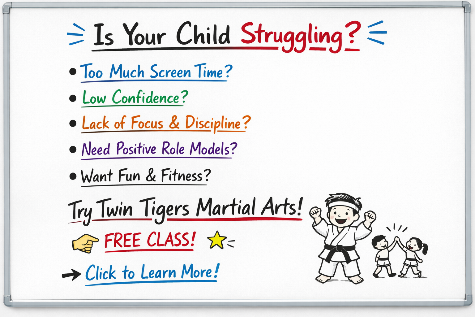 Twin Tigers Martial Arts & Fitness Facebook ad: Less Screen Time. More Self-Belief.