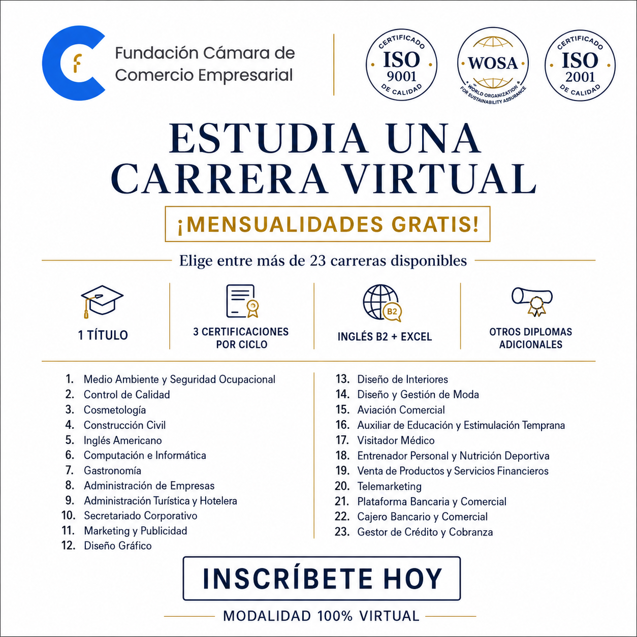 Fundación de la Cámara de Comercio Empresarial Facebook ad: Elige tu carrera con MENSUALIDADES GRATIS