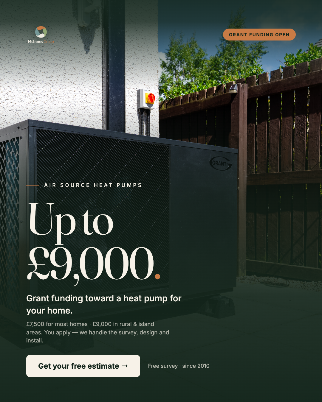 McInnes Group Facebook ad: Up to £9,000 Toward Your Heat Pump