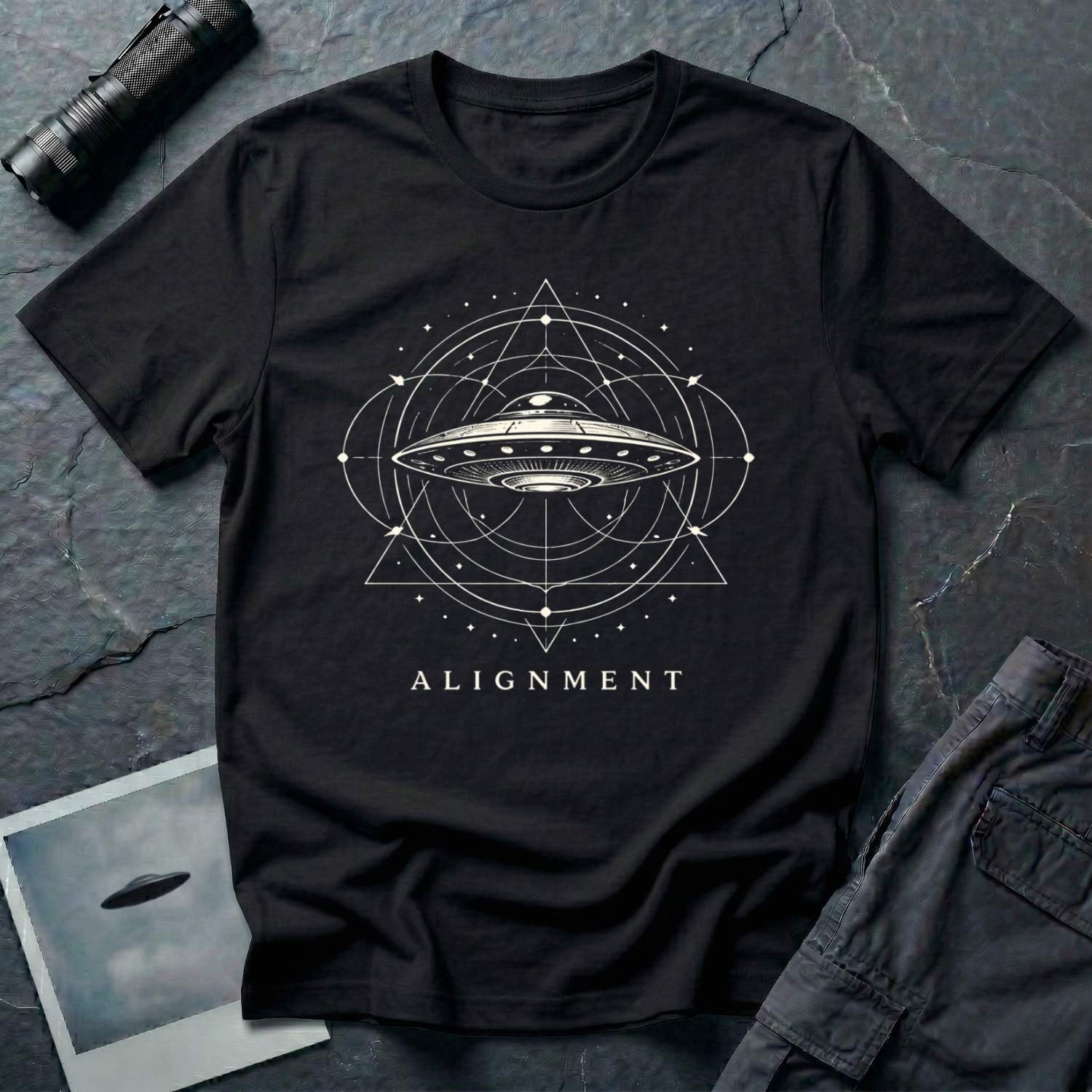 Cosmic Signal Co Facebook ad: Alignment UFO T-Shirt