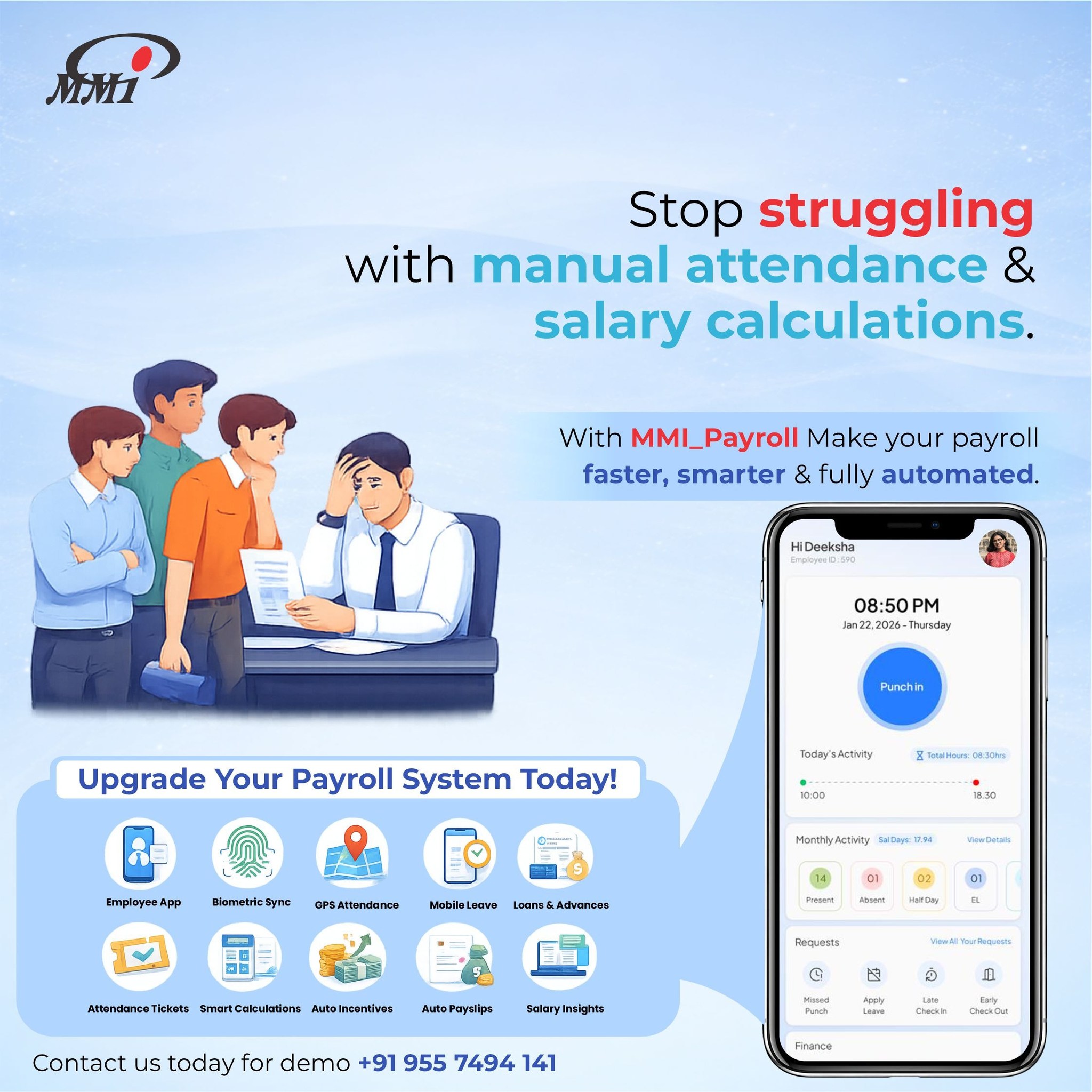 MMI Softwares Pvt Ltd Facebook ad: Upgrade your payroll system today.