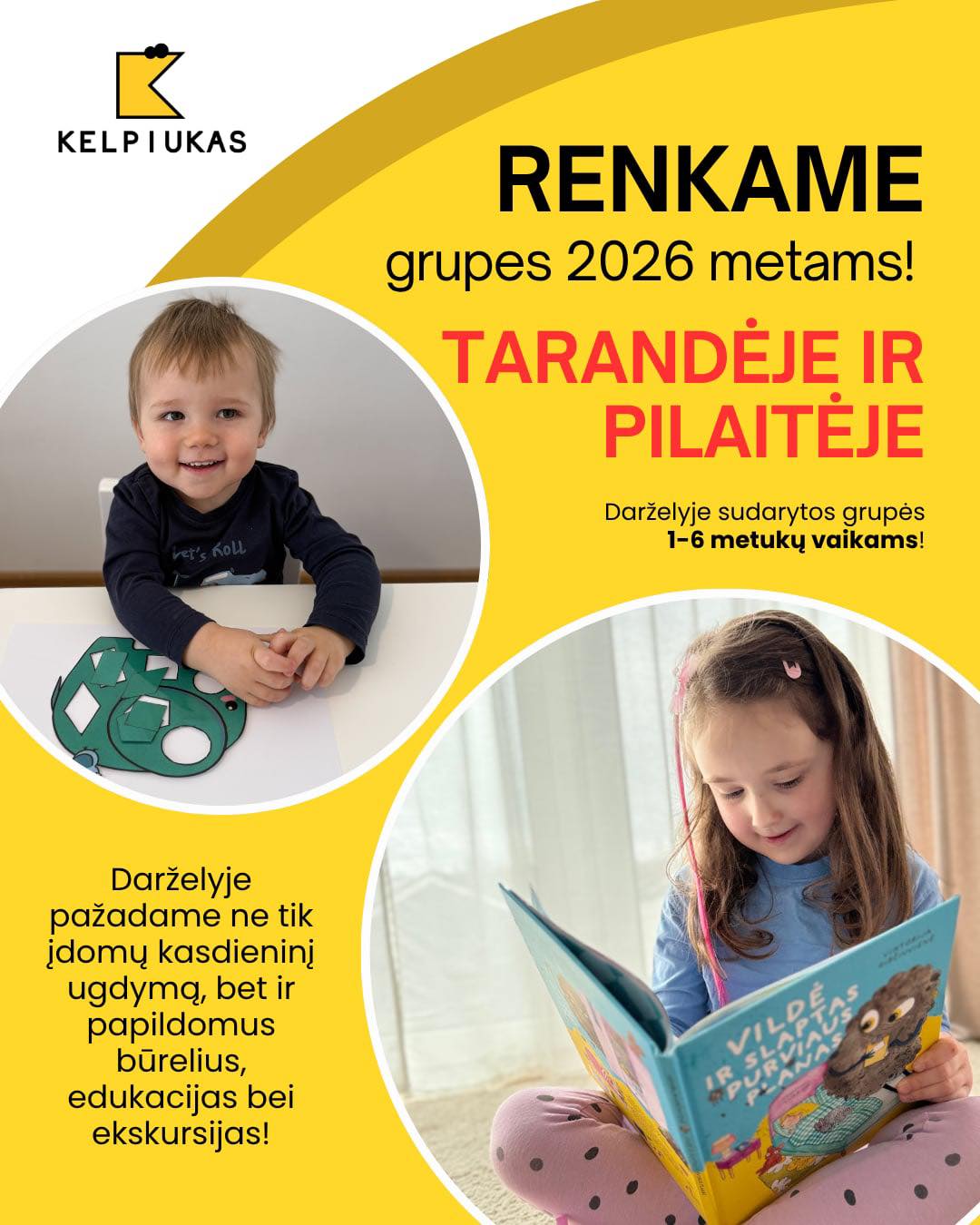 Kelpiukas.lt Facebook ad: Jau renkame vaikučių grupes 2026 mokslo metams!