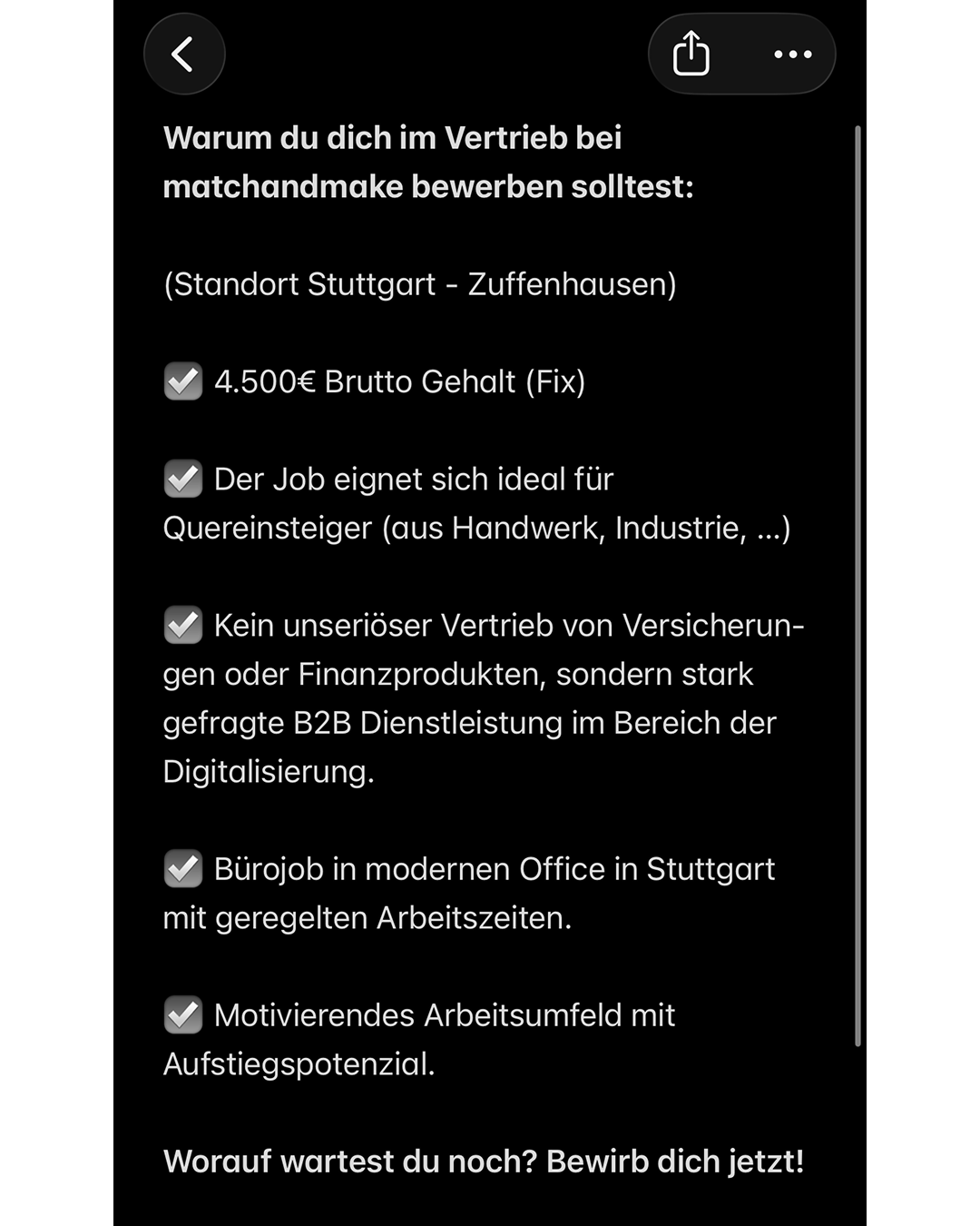 Matchandmake Facebook ad: 4.500€ Startgehalt als Quereinsteiger in Stuttgart