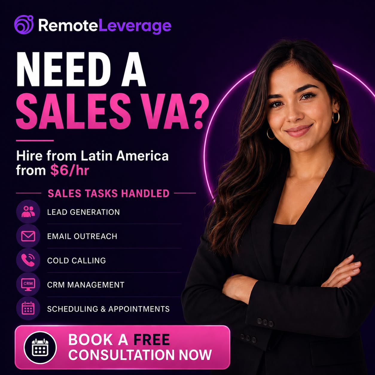 Remote Leverage Facebook ad: Get Leverage, Outsource Today
