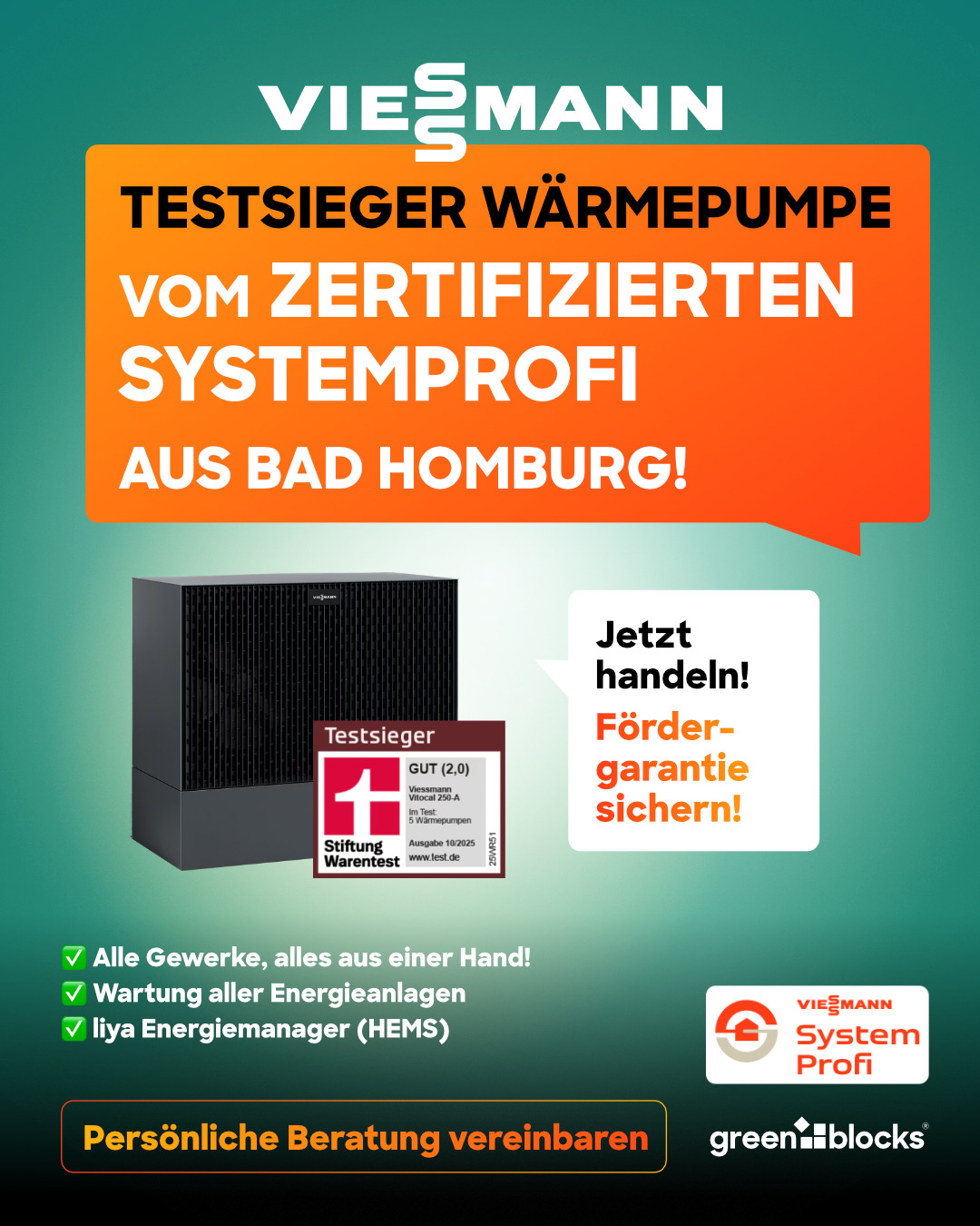 Greenblocks GmbH Facebook ad: Viessmann Testsieger-Wärmepumpe vom zertifizierten…