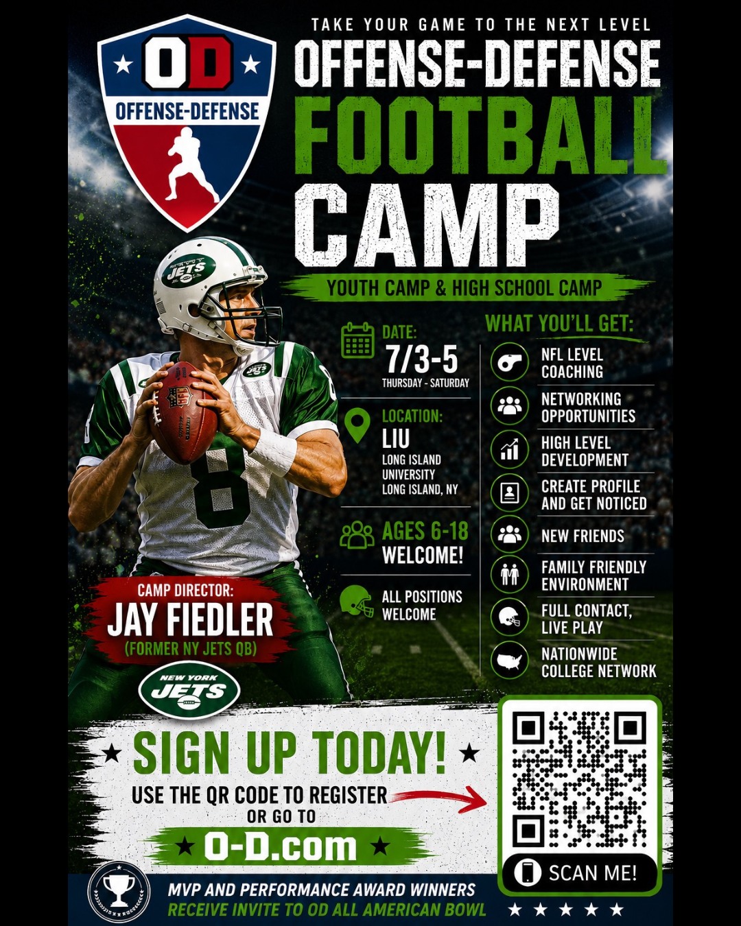 Offense-Defense Football Camps Facebook ad: This fourth of July weekend, join Jay Fiedler…