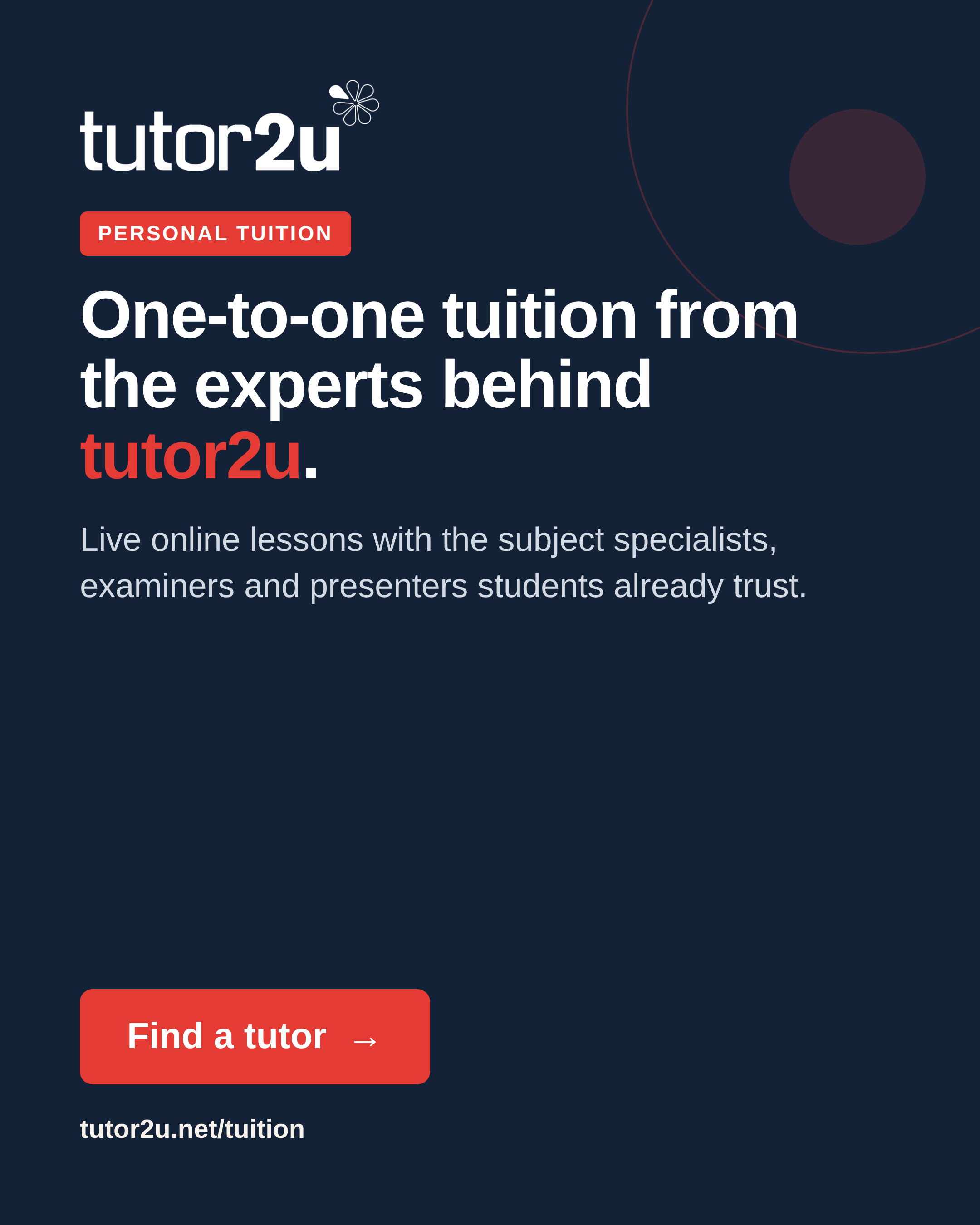 tutor2u Facebook ad: One-to-one tuition from the experts behind tutor2u