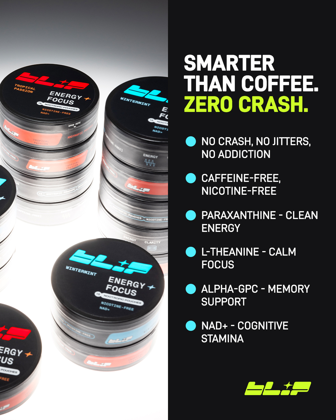 BLIP WORLD Facebook ad: Energy up, jitters out, zero caffeine