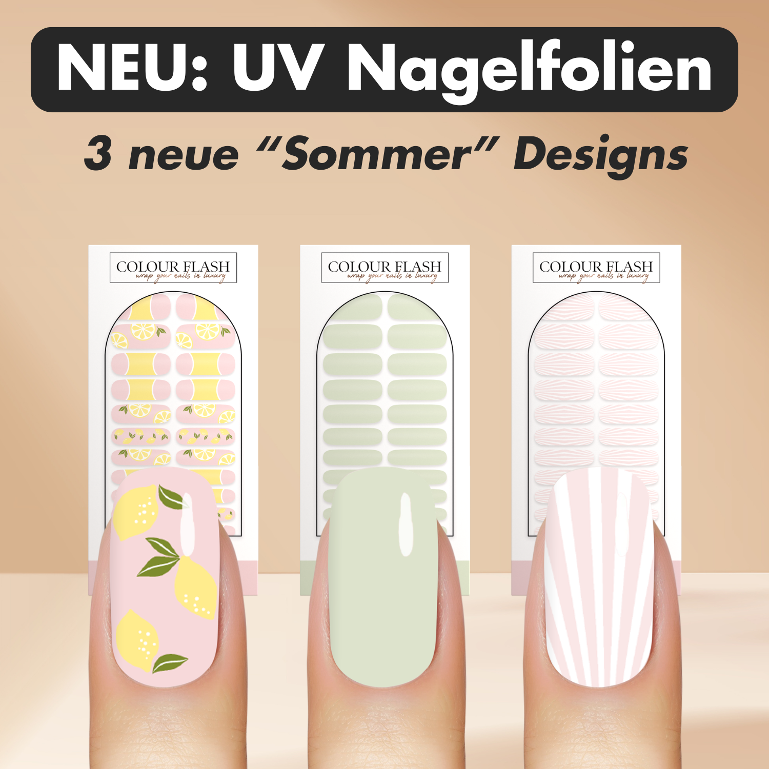 Colour Flash Facebook ad: 3 Neue Sommer UV Nagelfolien Designs bei Colour Flash