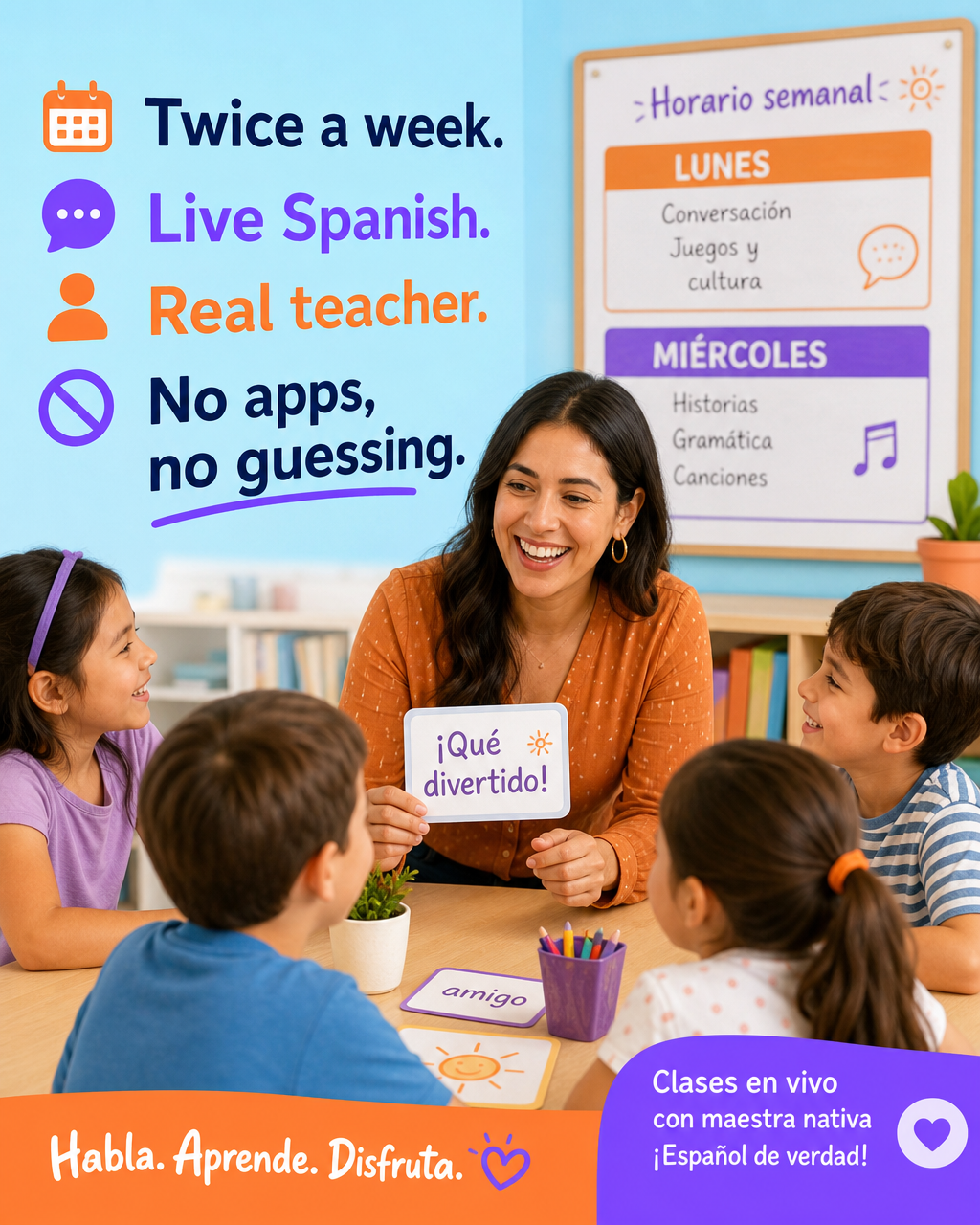 Spanish.Education Facebook ad: Structured Spanish. Real Results. 2x/Week.