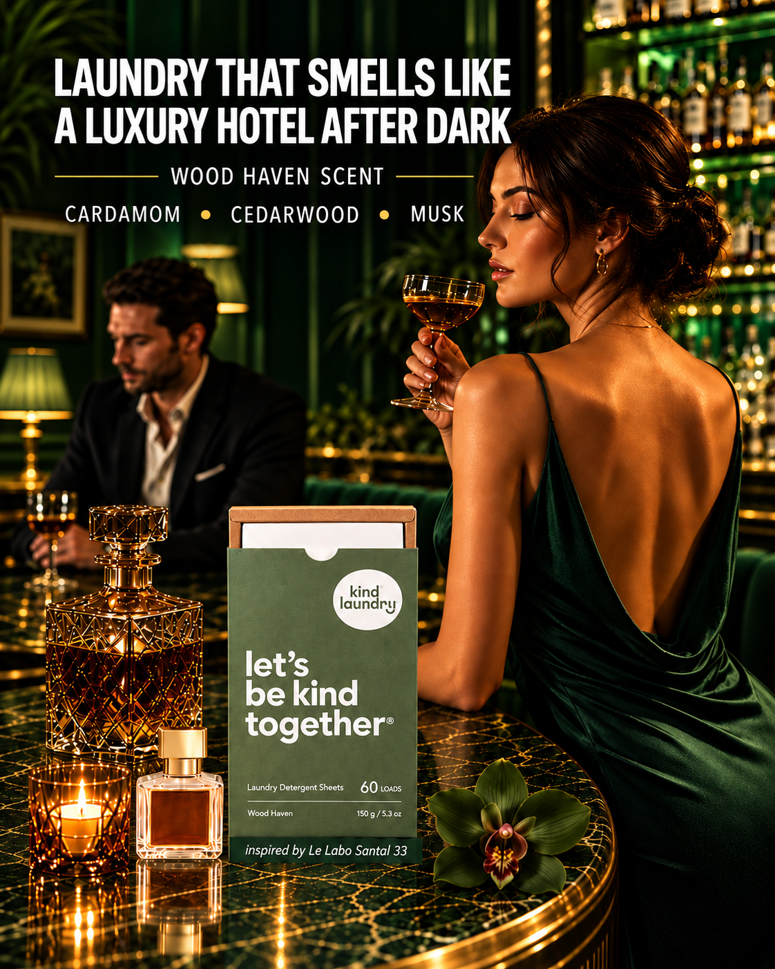 Kind Laundry Facebook ad: Inspired by Le Labo Santal 33. Powered by Plants.