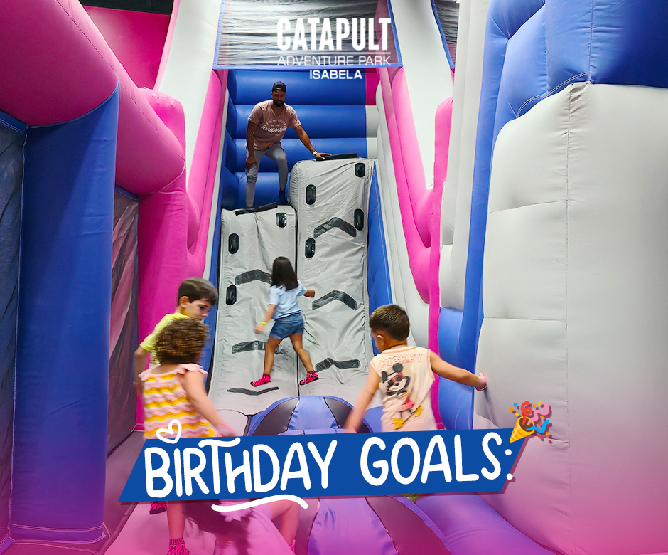 Catapult Adventure Park Isabela Facebook ad: Birthday goals: inflatables, slides, soccer & a private…