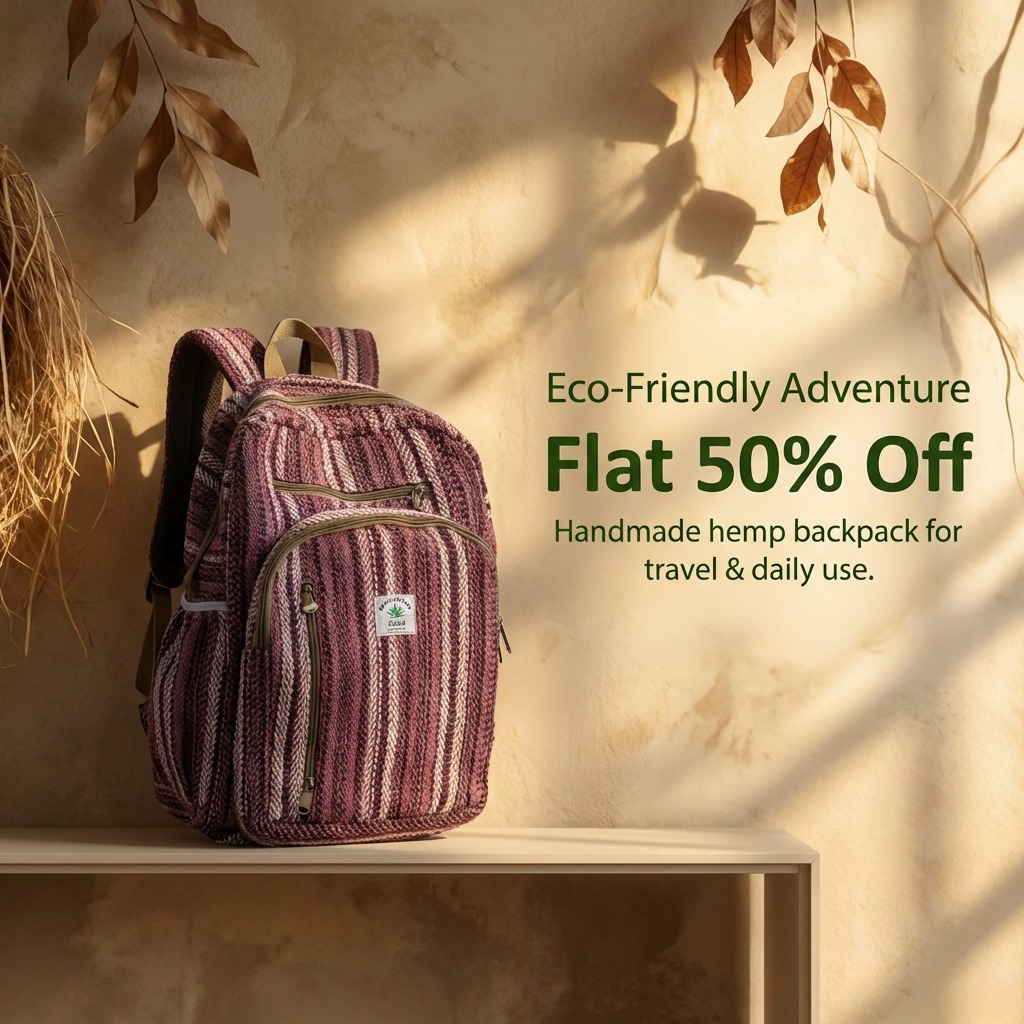 Fibre Gold Facebook ad: Himalayan Hemp Travel Backpack - Eco- Friendly Handmade…