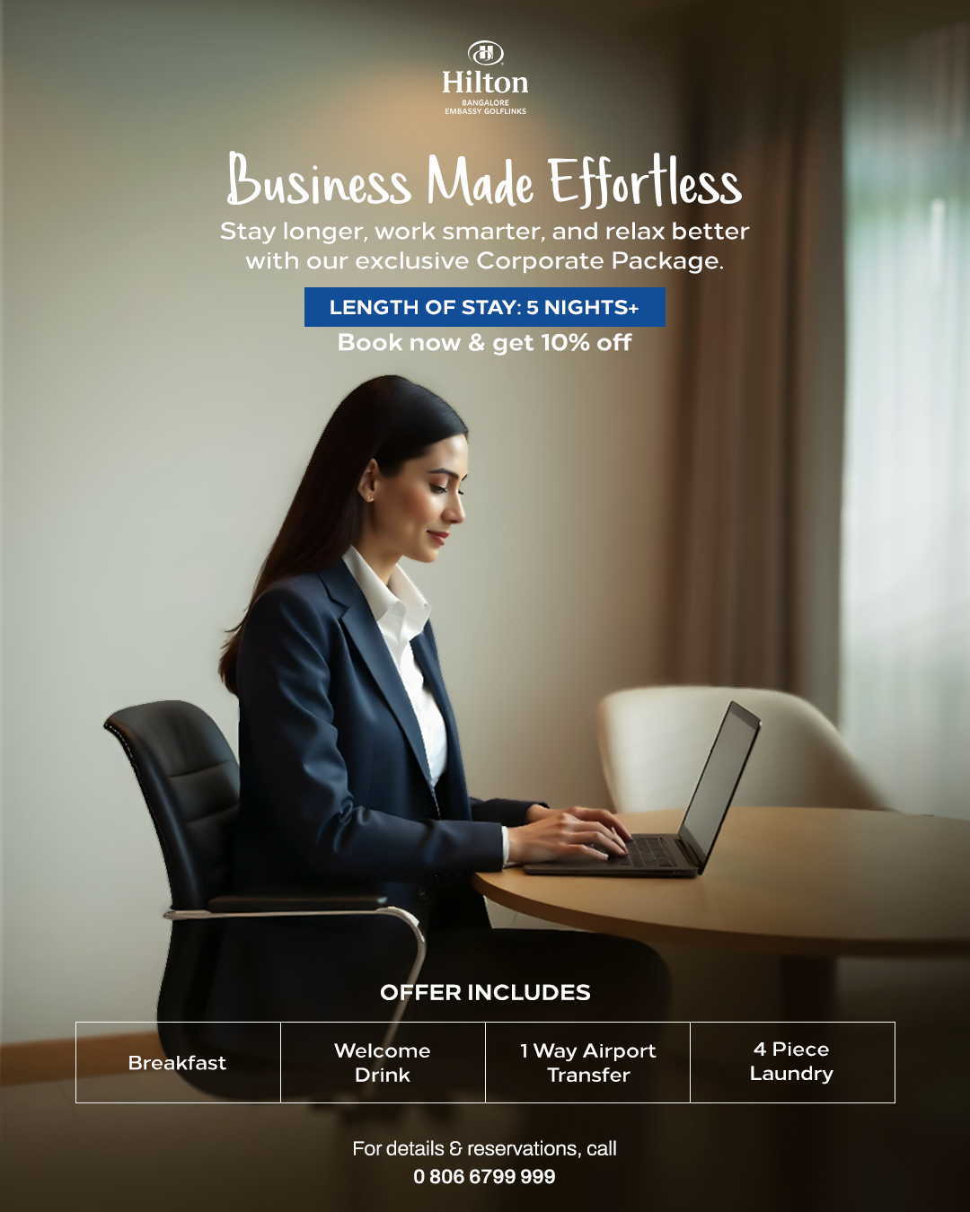 Hilton Bangalore Embassy GolfLinks Facebook ad: Enhance your business trip! Tailored package includes…
