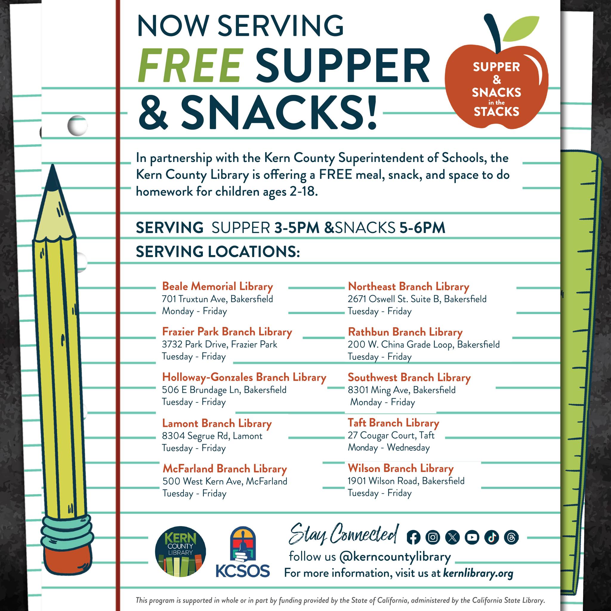Kern County Library Facebook ad: Supper and Snacks in the Stacks!