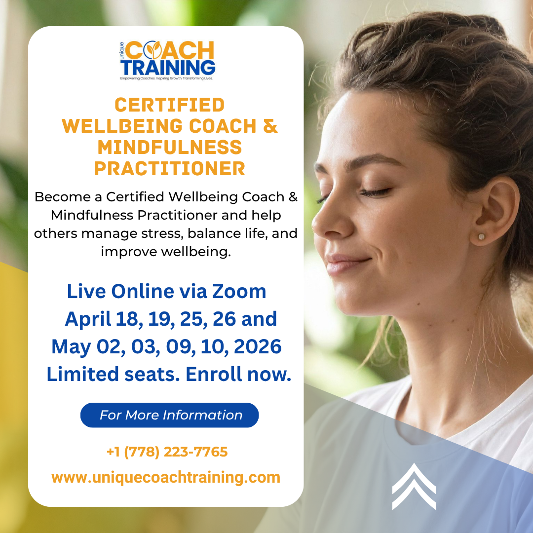 Unique Coach Training Facebook ad: Become a Certified Wellbeing Coach & Mindfulness…