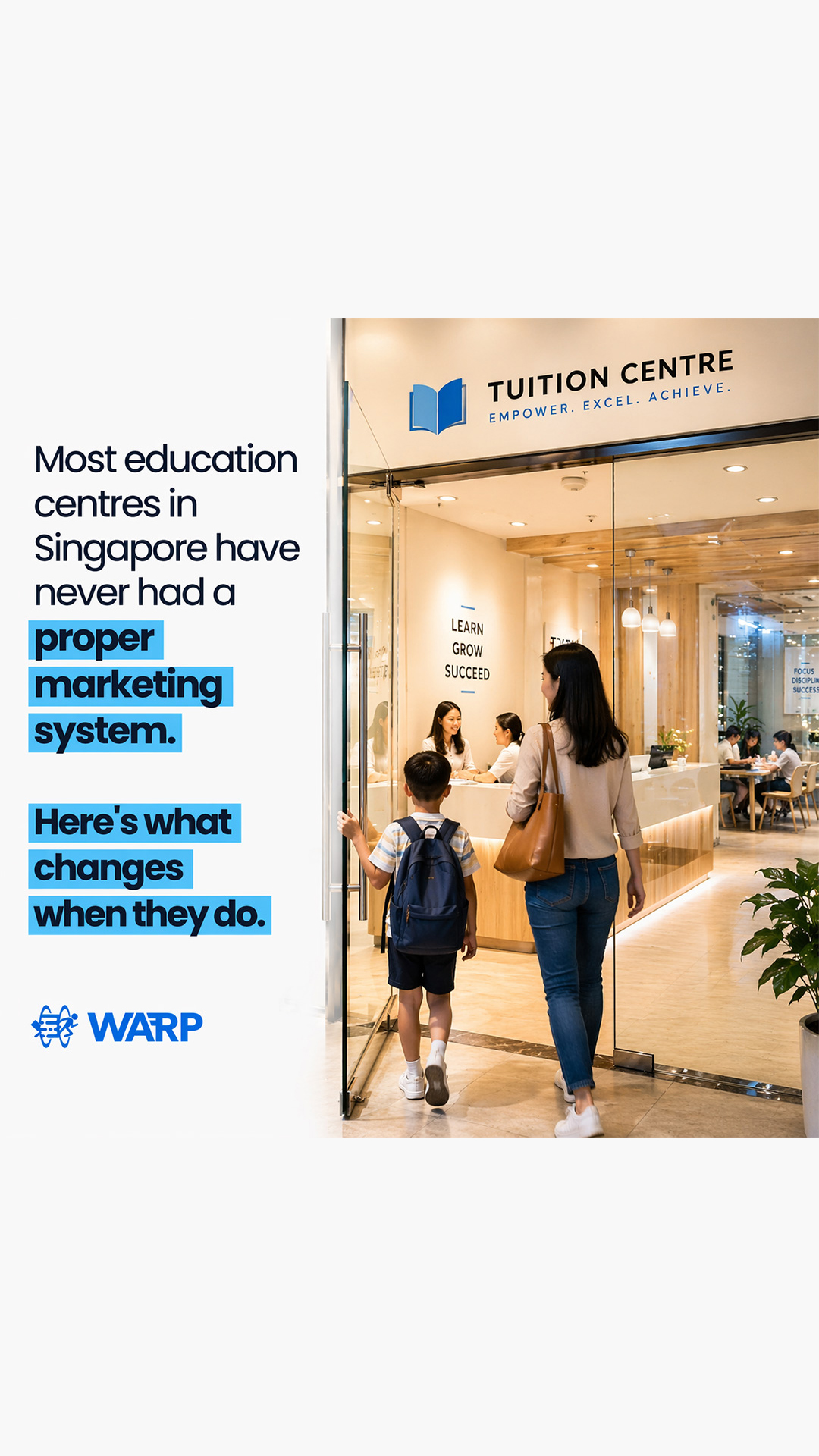 WARP Digital: Education Growth Specialists Facebook ad from May 18, 2026