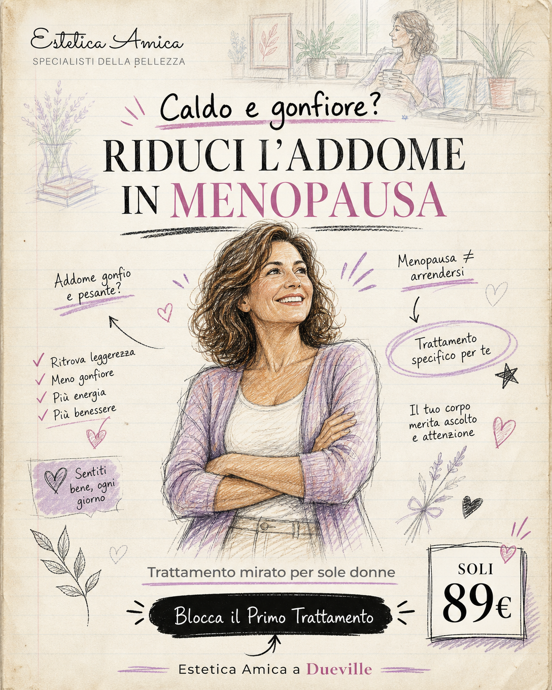 Estetica Amica Facebook ad: Addome gonfio in menopausa? Prova il Metodo MenoPausa
