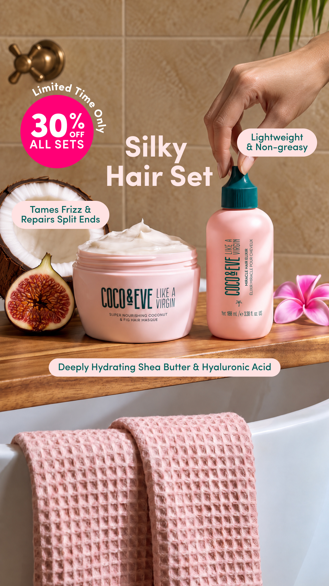 Coco & Eve Facebook ad: 30% Off the Silky Hair Set
