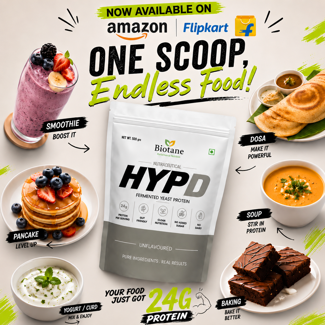 Biotane Facebook ad: One Scoop. Endless Food Possibilities.