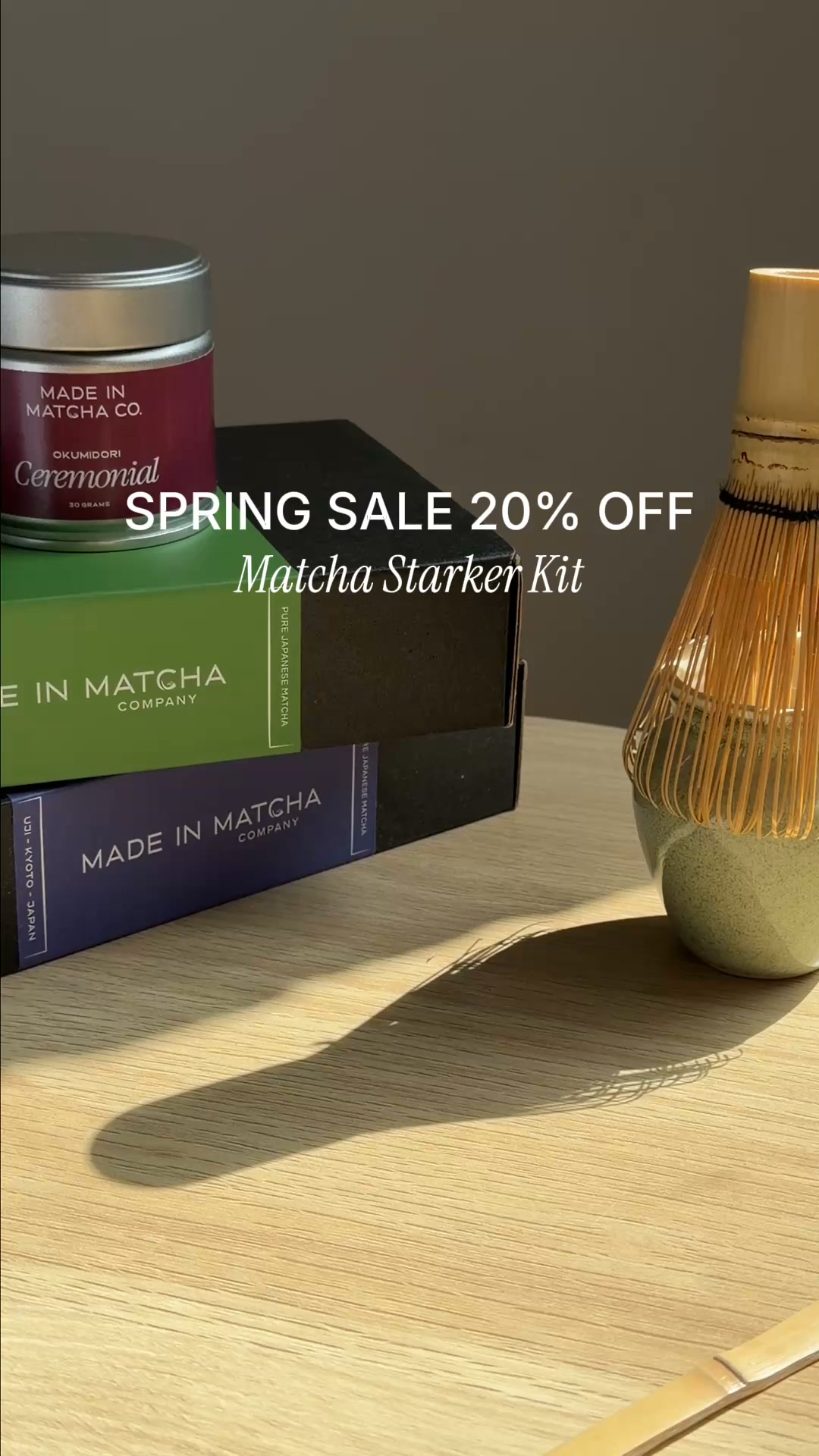 Made In Matcha Co Facebook ad: 20% Off & Free Shipping on Matcha Starter Kit