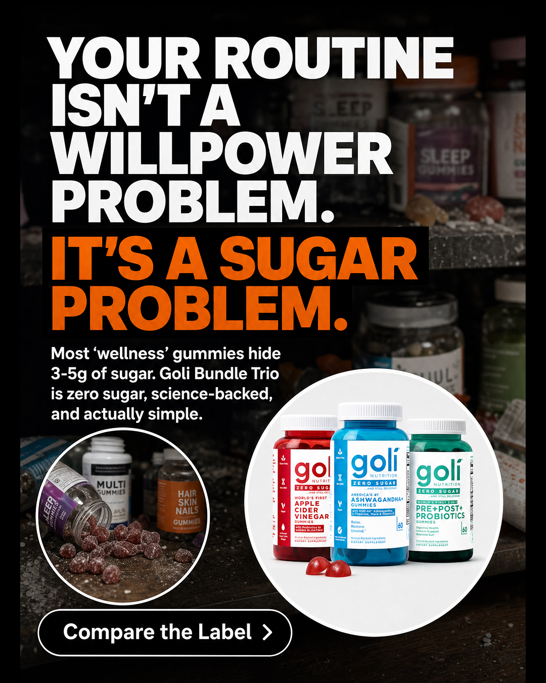 Goli Facebook ad: Digestion, Gut & Stress in Three Gummies
