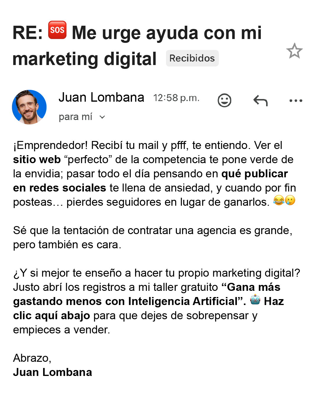 Juan Lombana Mercatitlán Facebook ad: Taller gratis: Domina la IA en 1 hora