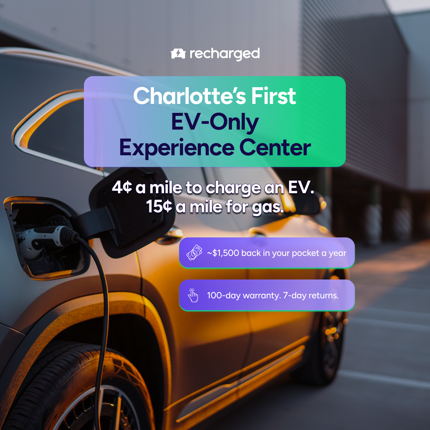 Recharged Facebook ad: Charlotte's first all-EV Experience Center is open!
