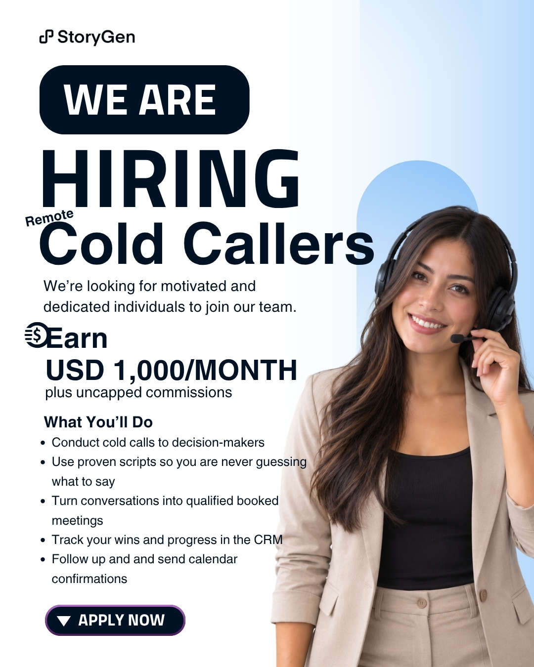 StoryGen Facebook ad: Tired of doing cold calls every day for low pay?