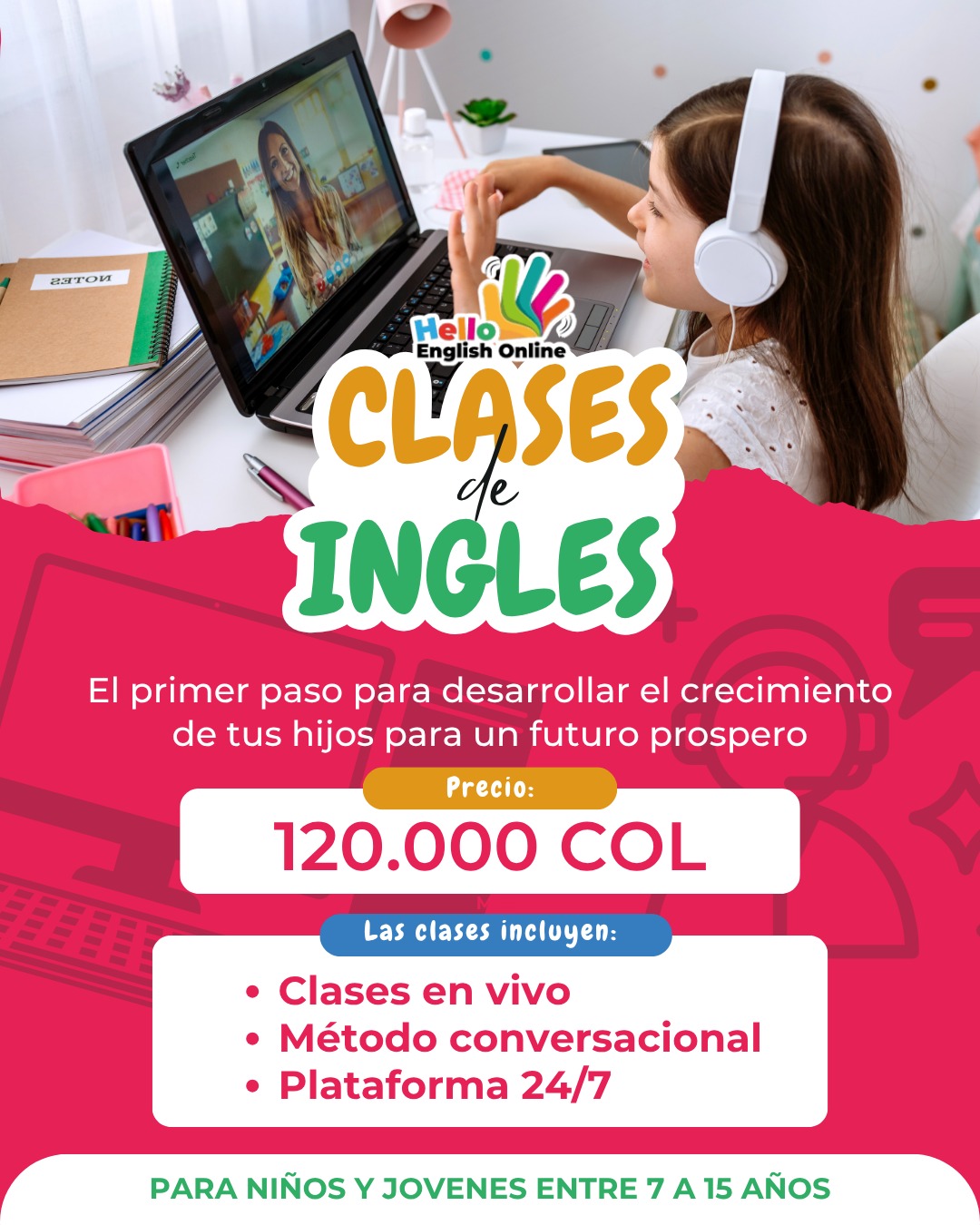 Hello English Online Facebook ad: Chatea con nosotros