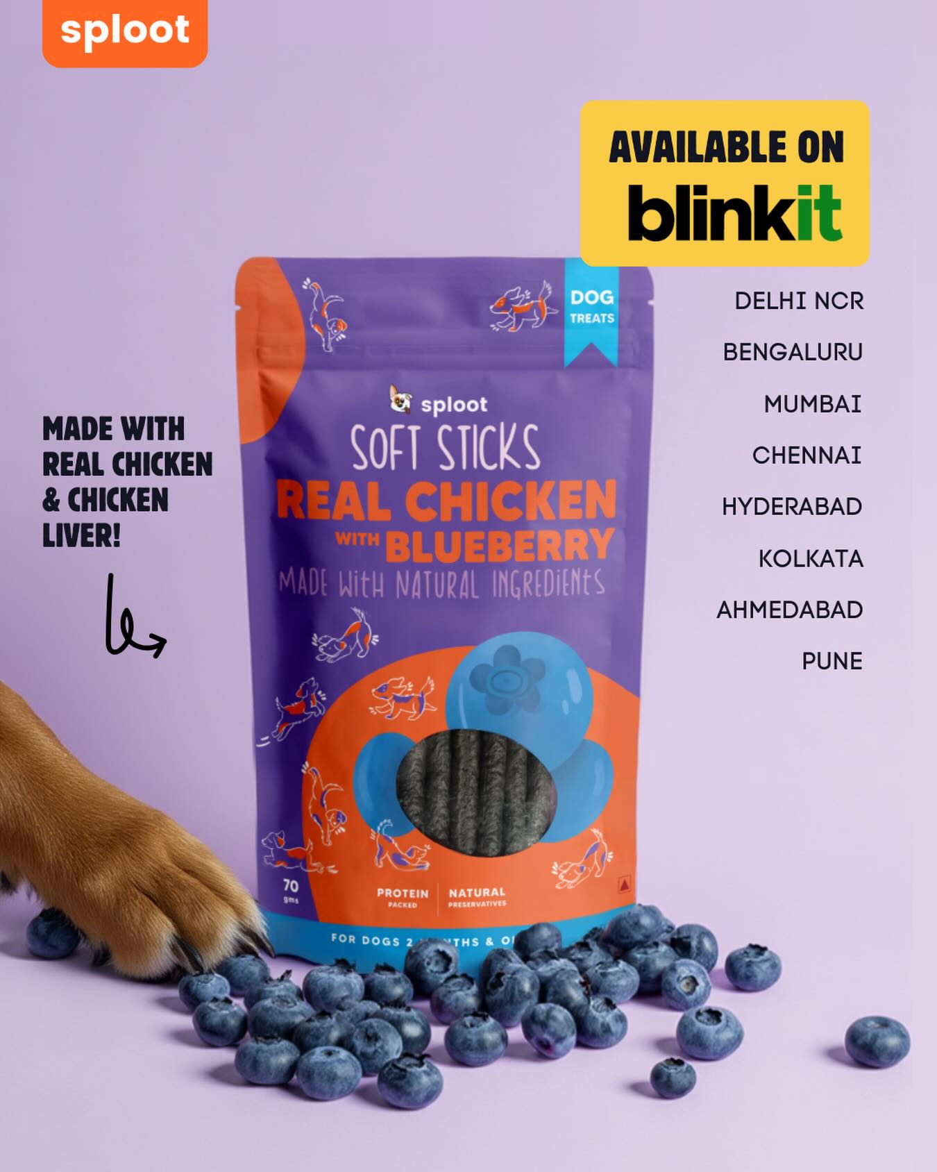 Sploot Facebook ad: Our Real Chicken & Blueberry soft sticks are…