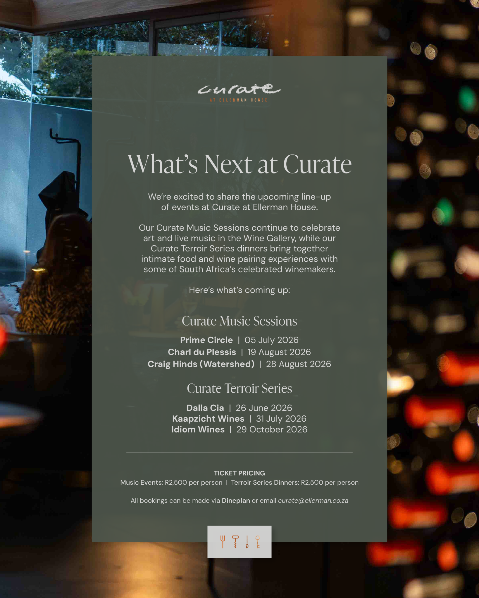 Curate at Ellerman House Facebook ad: An intimate evening of exceptional food, fine wine…