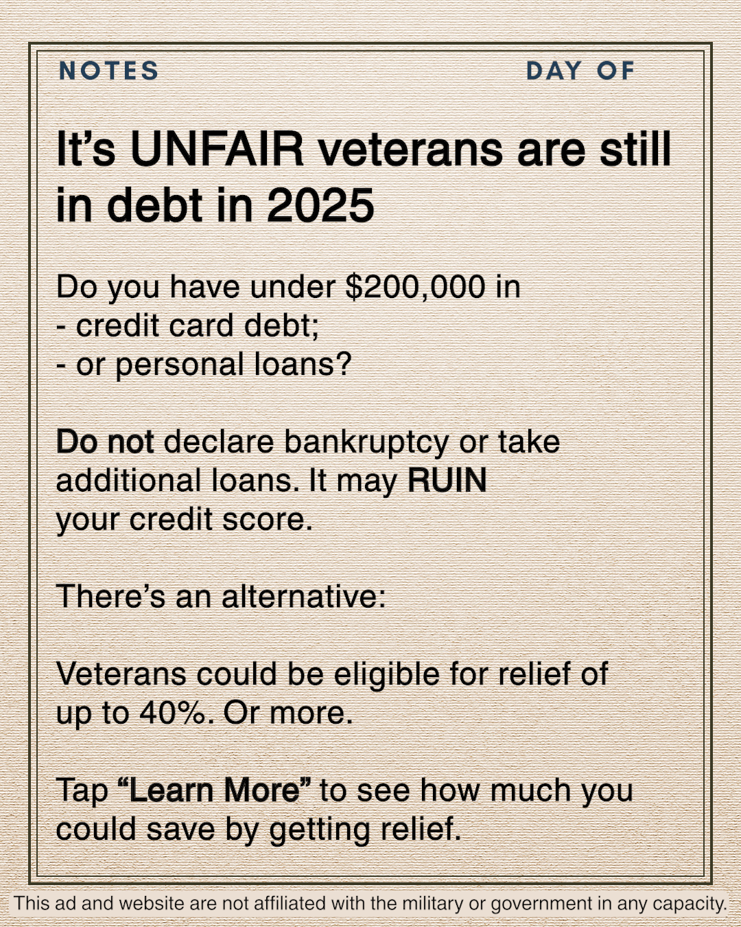 Veteran Debt Assistance Facebook ad