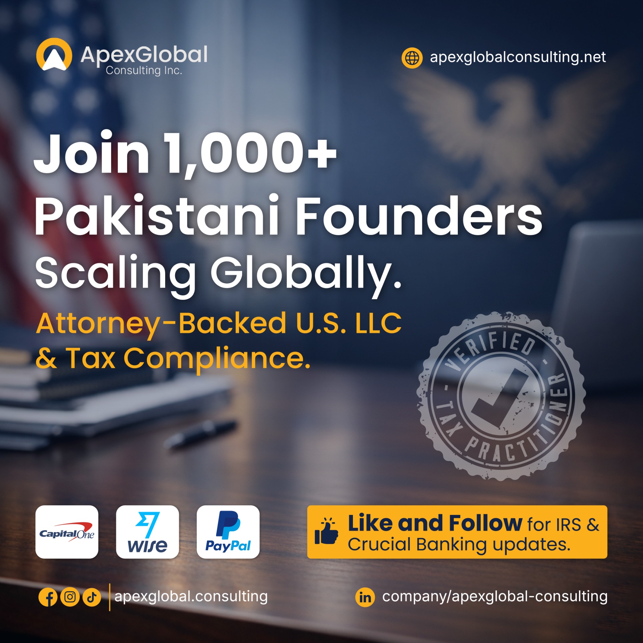 ApexGlobal Consulting Inc. Facebook ad: Join 1,000+ Pakistani founders and freelancers building…